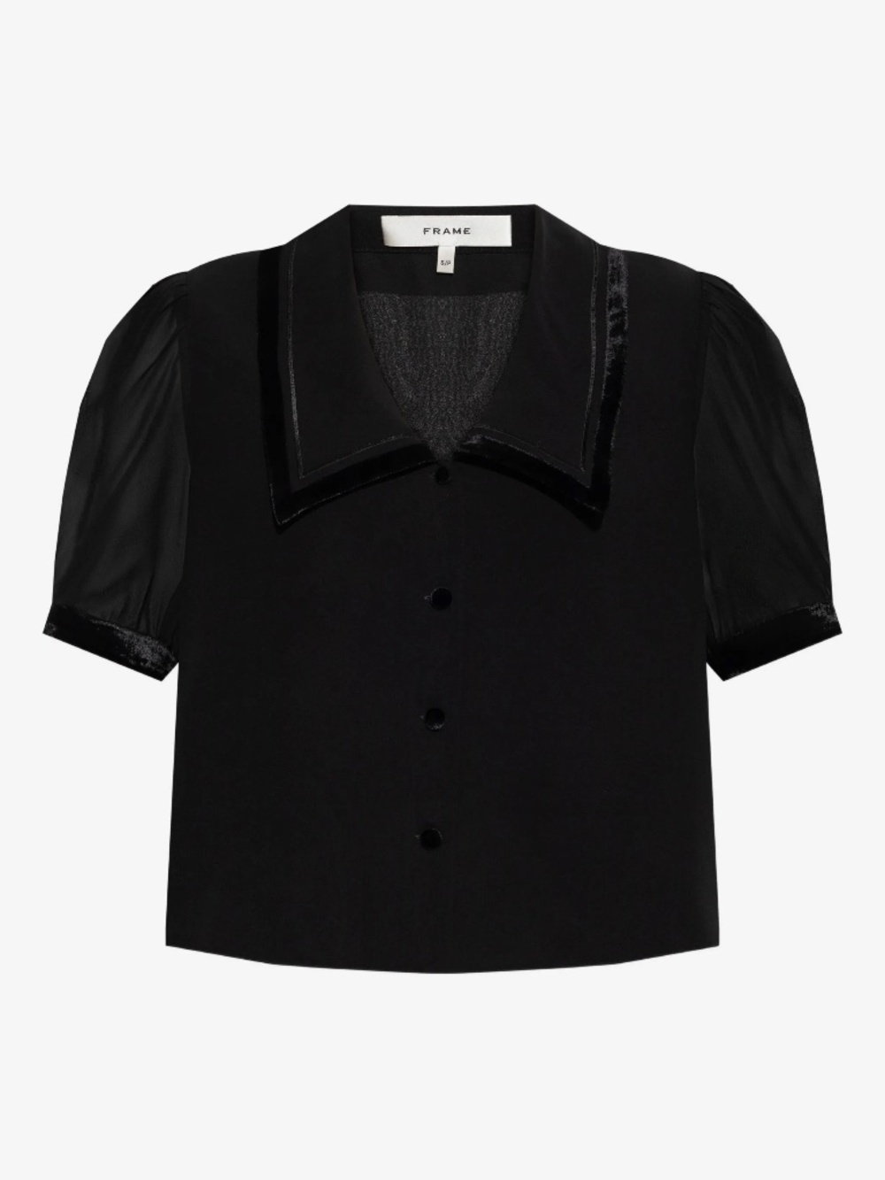 FRAME "The Sailor" Velvet-Trimmed Silk Chiffon Blouse — Black, Size XS